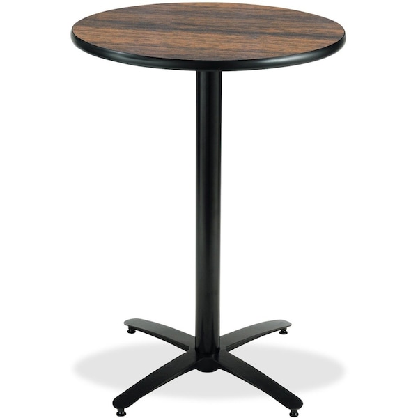 Round KFI 36in Walnut Breakroom Table with Arched X Base, HPL Top, Walnut