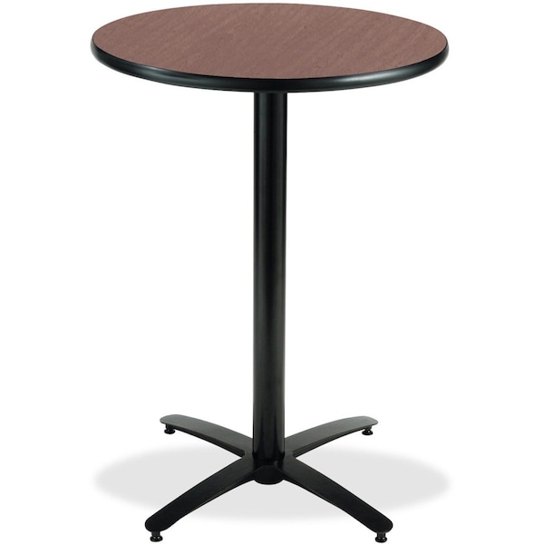 Round KFI 36in Dark Mahogany Breakroom Table with Arched X Base, HPL Top, Mahogany