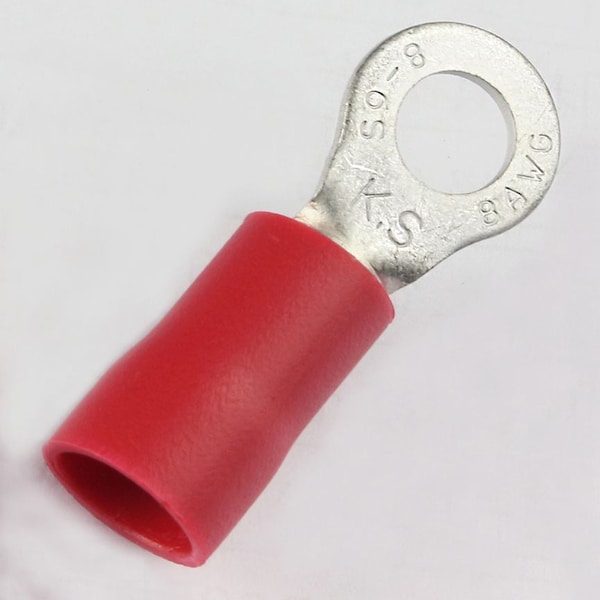 Ring Terminal, 1/4 in Stud Size, 8 AWG, 600 V, Vinyl Insulated, Red, 25 PK