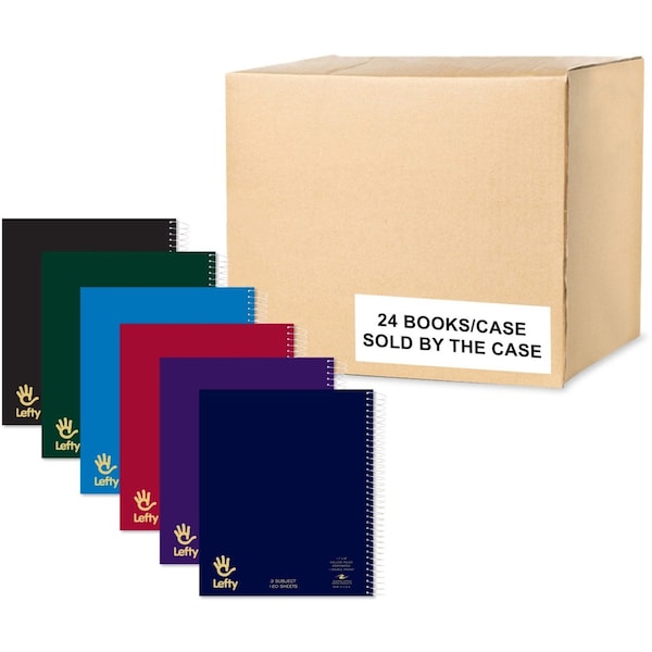 Case of Lefty WB Left Handed Notebooks, 3 Sub, 11"x9", 120 sht, Right Side Wire, Asstd Colors, PK24