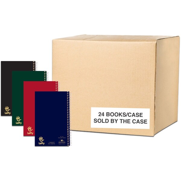Case of Lefty WB Left Handed Mini Notebooks, 1 Sub, 8"x5", 80 sht, Wire On Right, Assorted Covers, PK24