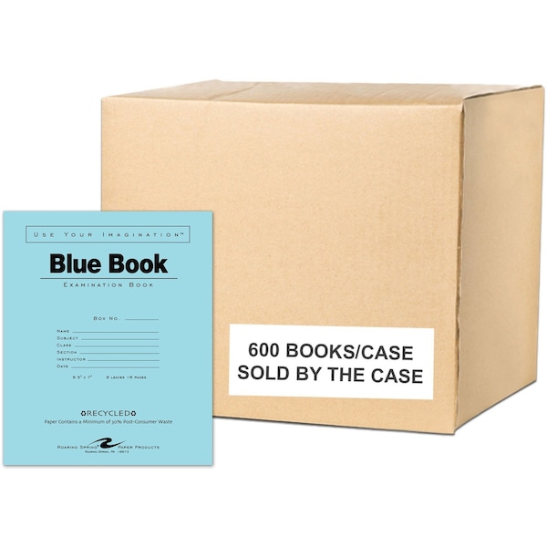 Case of Recycled Exam Blue Books, 8.5"x7", 8 Sheets/16 Pages, Wide Ruled with Margin, PK600