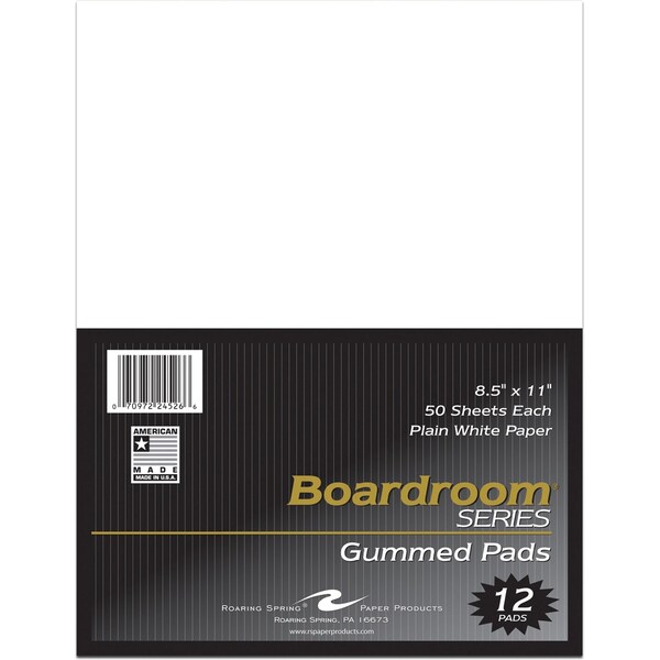 Case of Boardroom Gummed Pads, 8.5"x11", 50 sheets of 15 lb White Paper Per Pad, Unruled, PK72