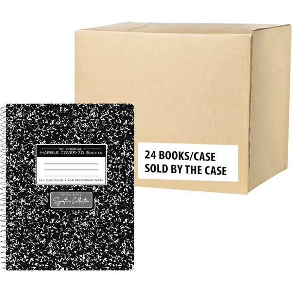 Case of Signature Black Marble Comp Notebooks, WB Spiral, Graph 70 sht Premium 20lb Paper, 9.75"x7.5", PK24