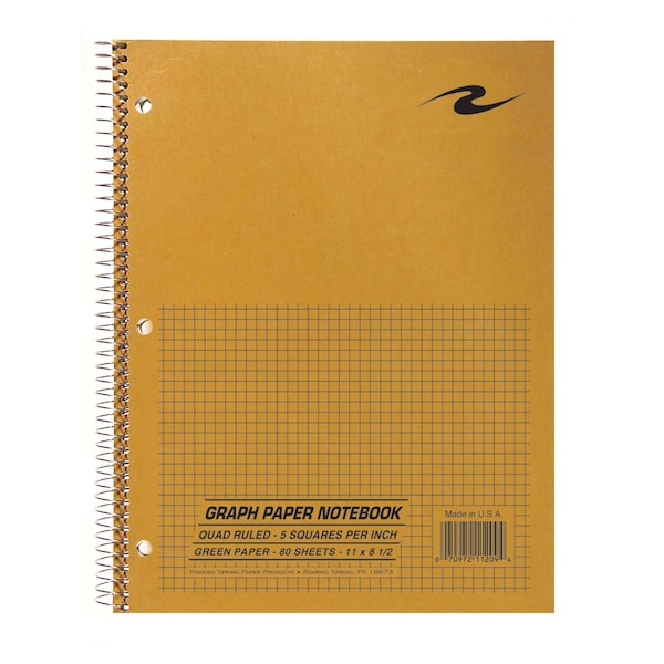 Case of Wirebound Notebooks, 11"x8.5", 80 sheets of Green-tint Paper, 5x5 graph, brown kraft cover, PK24