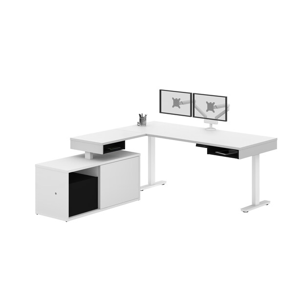 Pro-Vega Height Adjustable L-Desk, Dual Monitor Arm, White/Black