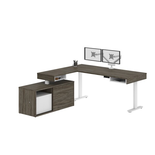 Pro-Vega Height Adjustable L-Desk, Dual Monitor Arm, Walnut Grey/White