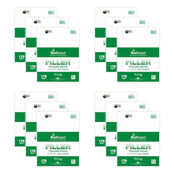 Case of Biobase Filler Paper, 8.5"x11", 170 shtlb White Paper 3-Hole Punched, College Ruled, PK12