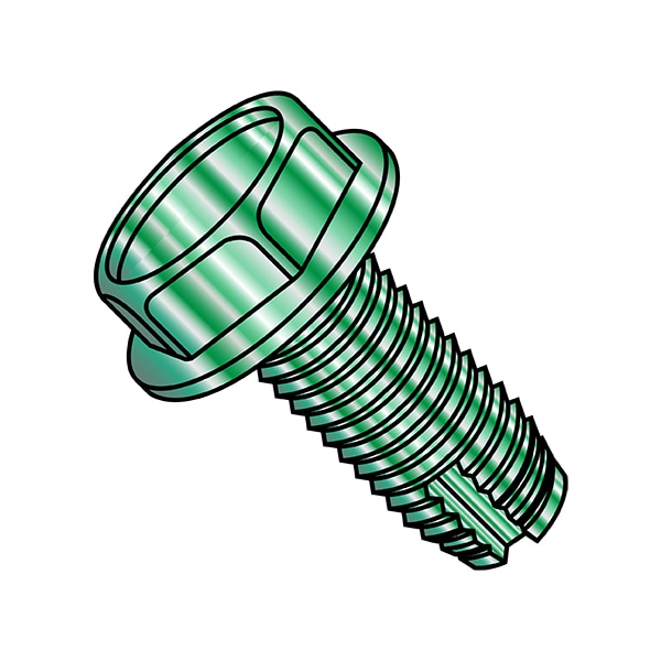 Thread Cutting Screw, #8-32 x 3/8 in, Green Steel Hex Head Hex Drive, 10000 PK