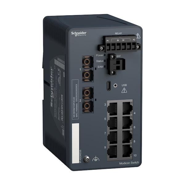Network switch, Modicon Networking, managed, 8 ports for copper with 2 ports for fiber optic, multimode