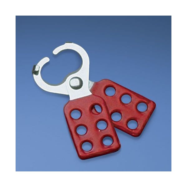 Hasp, 1.50" diameter jaw, w/out tabs, Red, Zinc-Plated Steel, 6 Max. No. of Padlocks