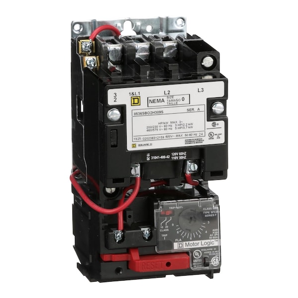 NEMA motor starter, Type S, nonreversing, Size 0, 18A, 5HP at 460VAC, up to 100kA SCCR, 3 phase, 3 pole, Motor Logic, 120VAC coil, open