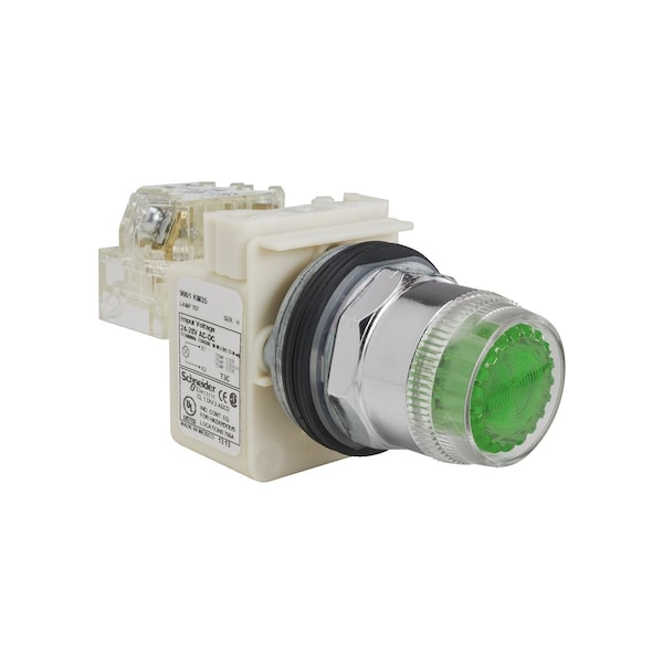 Illuminated push-button head, Harmony 9001K, metal, plastic guard flush, green, 30mm, spring return, 24-28V