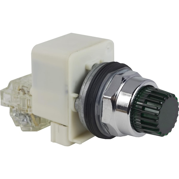 Illuminated push-button head, Harmony 9001K, metal, projecting, green, 30mm, spring return, LED green, 24-28V
