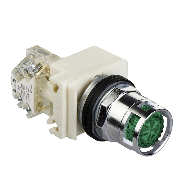 Illuminated push-button head, Harmony 9001K, metal, metal guard flush, green, 30mm, spring return, 110-120V