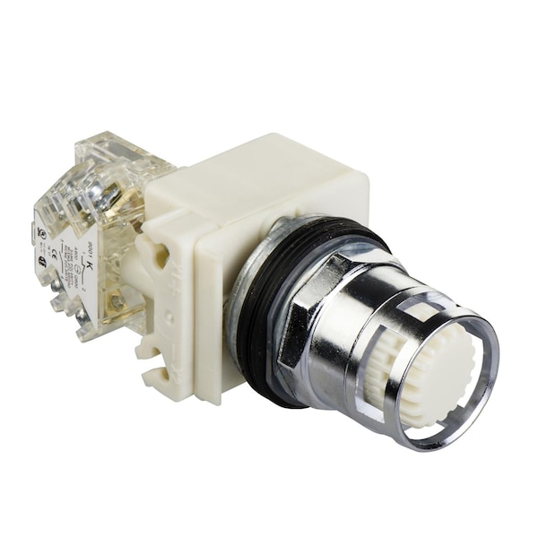 Illuminated push-button, Harmony 9001K, metal, metal guard flush, white, 30mm, spring return, 24-28V, 1 NO