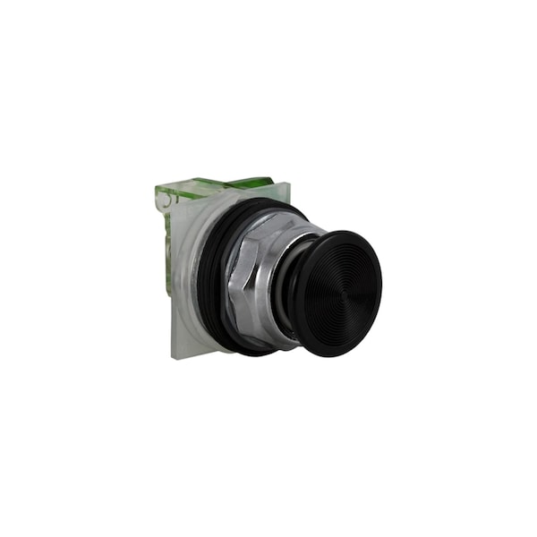 Push-button, Harmony 9001K, metal, snap-in plastic mushroom 35mm, black, 30mm, spring return, 1 NO