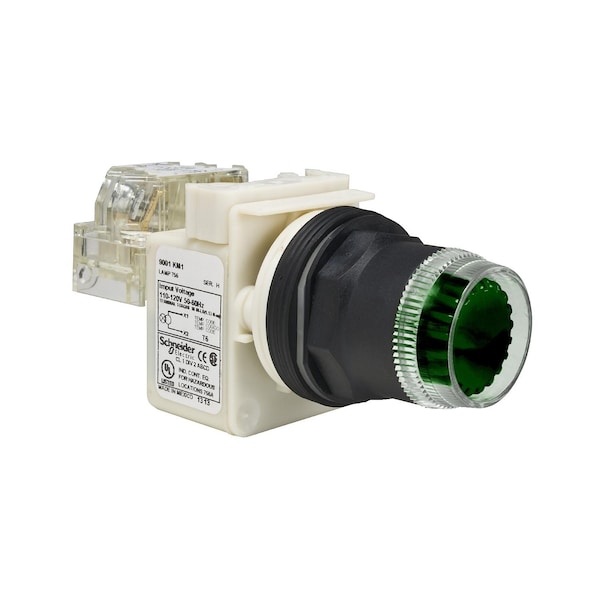 Illuminated push-button, Harmony 9001SK, plastic, projecting, green, 30mm, spring return, LED green, 120V, 1 NO