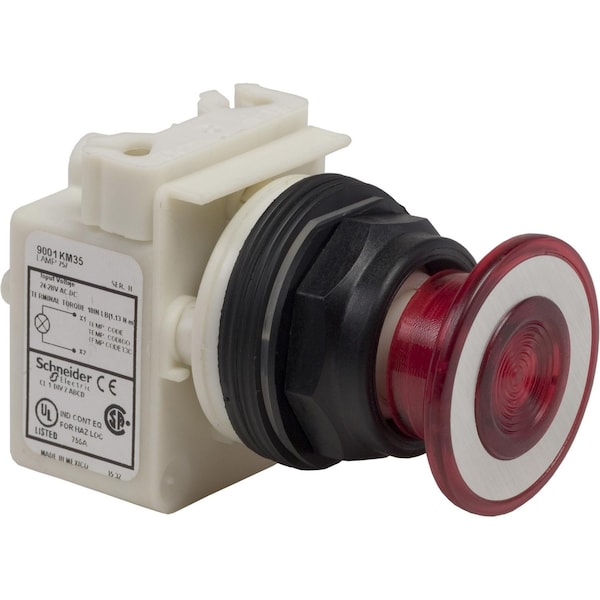 Illuminated push-button head, Harmony 9001SK, plastic, mushroom 41mm, red, 30mm, 2 positions, push-pull, 24-28V