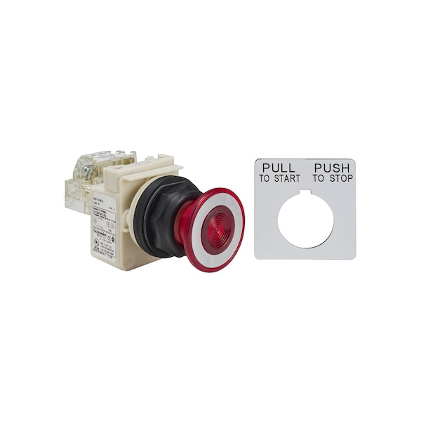 Illuminated push-button, Harmony 9001SK, plastic, mushroom 41mm, red, 30mm, 2 positions, push-pull, 24-28V, 1 C/O