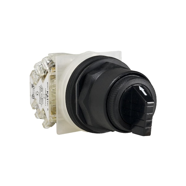 Selector switch, Harmony 9001SK, plastic, standard handle, black, 30mm, 3 positions, spring return left to center, 1 C/O