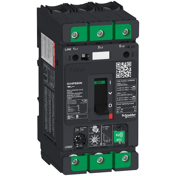 Motor Circuit Breaker, TESYS Series, 80A, 3 Pole, 690V AC, 65kA at 240V AC