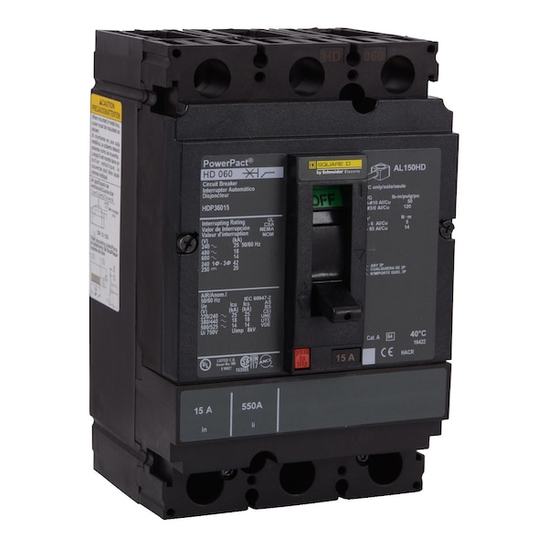 Molded Case Circuit Breaker, POWERPACT H Series, 15A, 3 Pole, 600V AC, 25kA at 240V AC