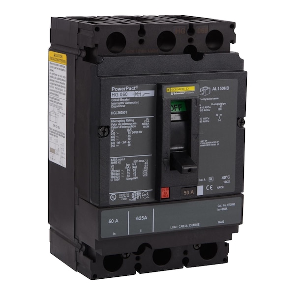Molded Case Circuit Breaker, POWERPACT H Series, 50A, 3 Pole, 600V AC, 65kA at 240V AC