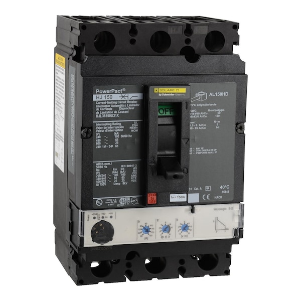 Molded Case Circuit Breaker, POWERPACT H Series, 150A, 3 Pole, 600V AC, 100kA at 240V AC