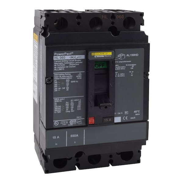 Molded Case Circuit Breaker, POWERPACT H Series, 15A, 2 Pole, 600V AC, 125kA at 240V AC