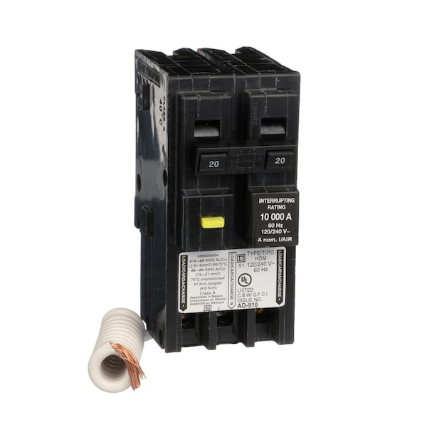 Miniature Circuit Breaker, HOMELINE Series, 20A, 2 Pole, 240V AC, 10kA at 240V AC, A Curve