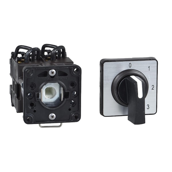 Cam ammeter switch, Harmony K, 22mm, plastic, 3 positions, position 0, 90 Degree, 12A, 45x45mm, metallic legend, marked 0 L1 L2 L3, 35mm black handle