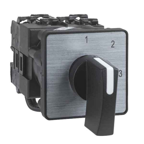 Cam ammeter switch, Harmony K, multifixing, plastic, 3 positions, position 0, 90 Degree, 12A, 45x45mm, metallic legend, marked 0 L1 L2 L3, 35mm black handle