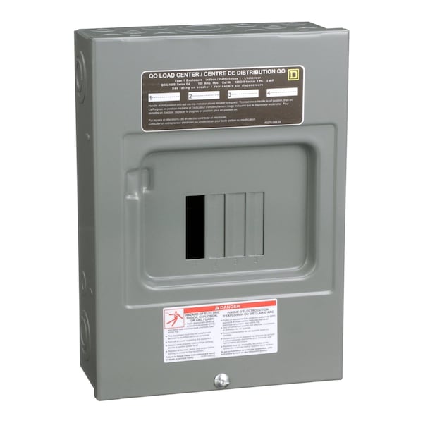 Load Center, QO, 4 Spaces, 100A, 120/240V AC, Fixed Main Lug, 1 Phase