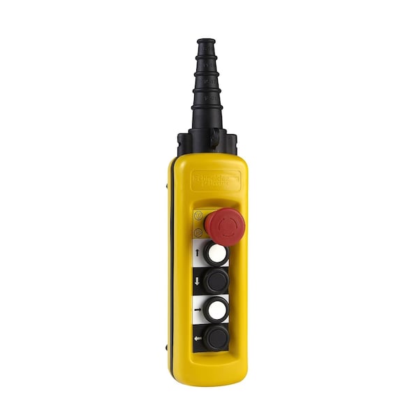 Pendant control station, Harmony XAC, plastic, yellow, 4 push buttons 1NO + 1NC, 1 emergency stop trigger action 1NC