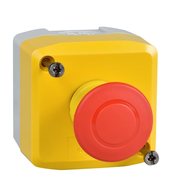 Control station, Harmony XALD, XALK, plastic, yellow, 1 red mushroom head push button 40mm, emergency stop push pull 1 NC, unmarked