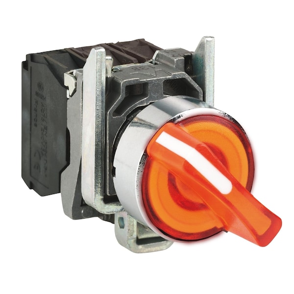 Illuminated selector switch, Harmony XB4, metal, orange handle, 22mm, universal LED, 2 positions, 1NO + 1NC, 110.120V AC
