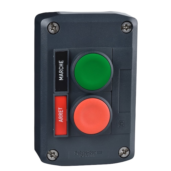 Complete control station, Harmony XALD, XALK, dark grey, flush push buttons 22mm, green MARCHE 1NO red ARRET 1NC, spring return