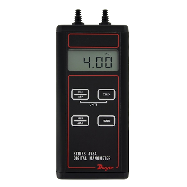 Handheld digital manometer, range 0-10.00 psi (.6895 bar), max. pressure 30 psig.