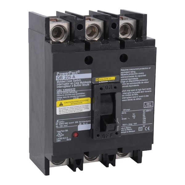 Molded Case Circuit Breaker, POWERPACT Q Series, 225A, 3 Pole, 240V AC, 10kA at 240V AC