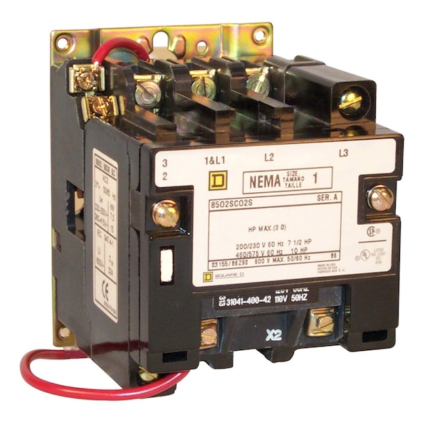 NEMA Contactor, Type S, nonreversing, Size 1, 27A, 10HP at 575VAC, 3 phase, up to 100kA, 4 pole, 120VAC coil, open