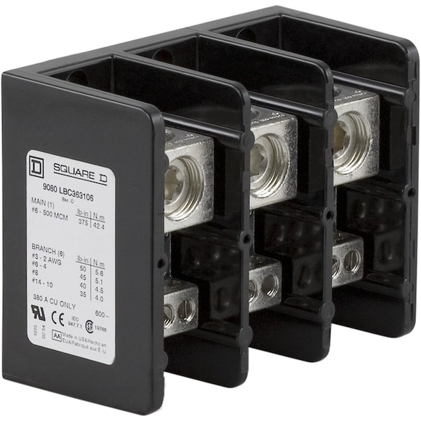 Power Distribution Block, 3 Pole, 380 A Copper, 600 V AC/DC, Surface Mount