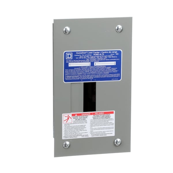 Load Center, HOM, 2 Spaces, 70A, 120/240V AC, Main Lug, 1 Phase