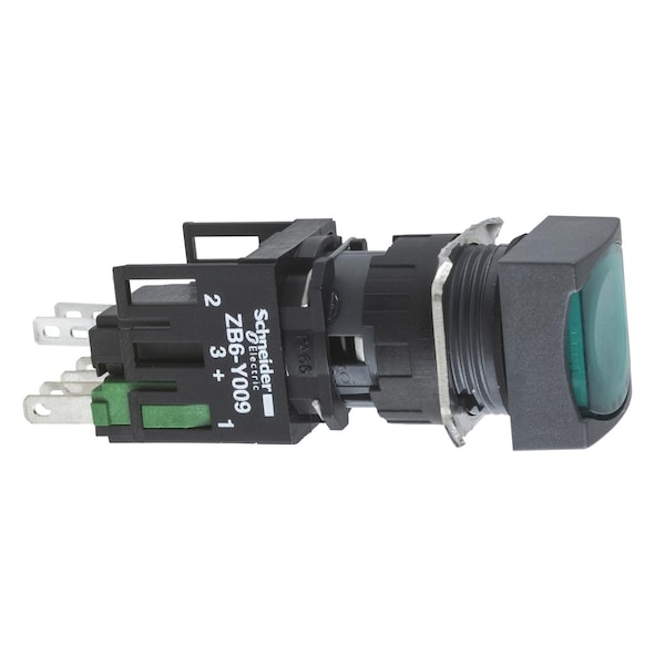 Complete illuminated push button, Harmony XB6, green square flush, 16mm, spring return, 1NO + 1NC, 12.24V