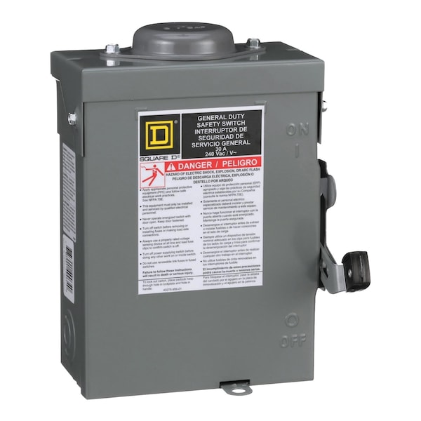 Safety switch, general duty, non fusible, 30A, 2 pole, 3hp, 240VAC, NEMA 3R, bolt on provision