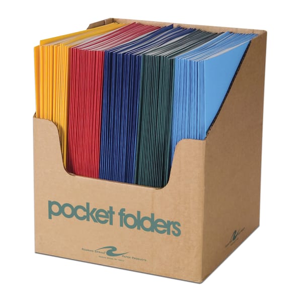 Pocket Folders in Counter Display, 11.75"x9.5", Twin Pockets Hold 25 sht each, 5 Colors, PK100