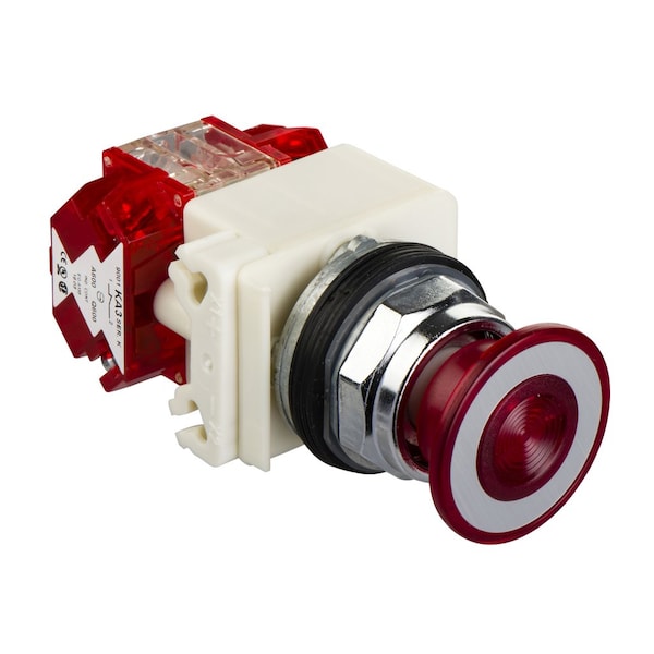 Illuminated push-button, Harmony 9001K, metal, mushroom 41mm, red, 30mm, 2 positions, push-pull, 120V, 1 NC late + 1 NC