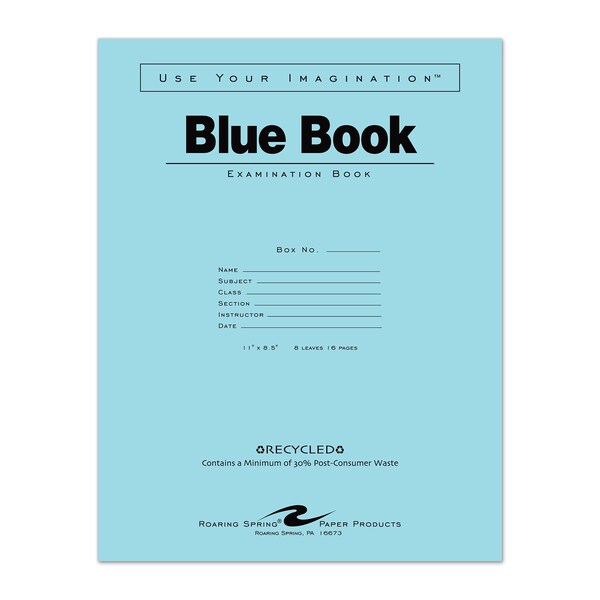 Case of Recycled Exam Blue Books, 8.5"x11", 8 Sheets/16 Pages, Wide Ruled with Margin, PK500