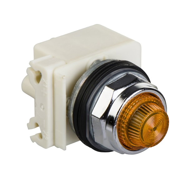 30mm push button, Type K, push to test pilot light, yellow LED light module, 120VAC, amber fresnel lens, NEMA 4, 13