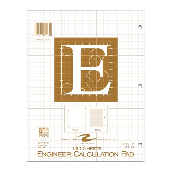 Case of Engineering Pads, 8.5" x 11", 100 Sheets, 5x5 Grid, Heavy Backing Board, 3-Hole Punched, PK24